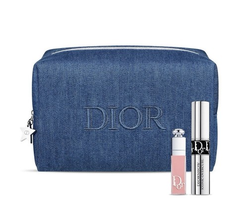 DIOR BEAUTY BLUE DENIM MAKEUP BAG 3PC SET/LIP MAXIMIZER 001/OVERCURL MASCARA NEW