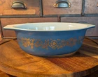 Vtg PYREX Golden Bouquet 043 Oval 1.5Qt Casserole DISH ONLY 1965 Promo Blue Gold