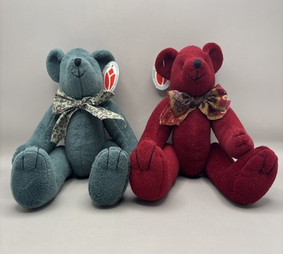 Vintage Delton Product Corp Jointed Stuffed Green Red Plush Teddy Bears 10 Inch