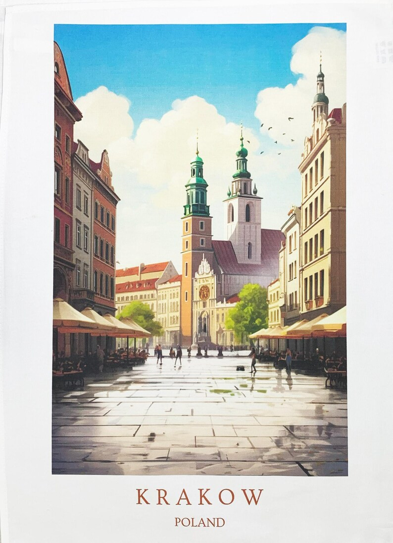 Cotton Tea Towel Krakow, Poland - large, colourful, machine washable, great gift