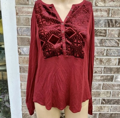 Women s Fall Red/Burgundy Velvet Lucky Brand Long Sleeve Blouse Size Large