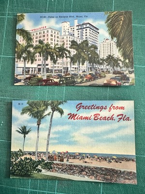 2x 1940er Leinen Postkarten - Miami Beach & Biscayne Blvd - Curt Teich & Co USA