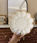 VTG Anchor Hocking White Milk Glass Ceramic Round Egg Plate Gold Rim Trim