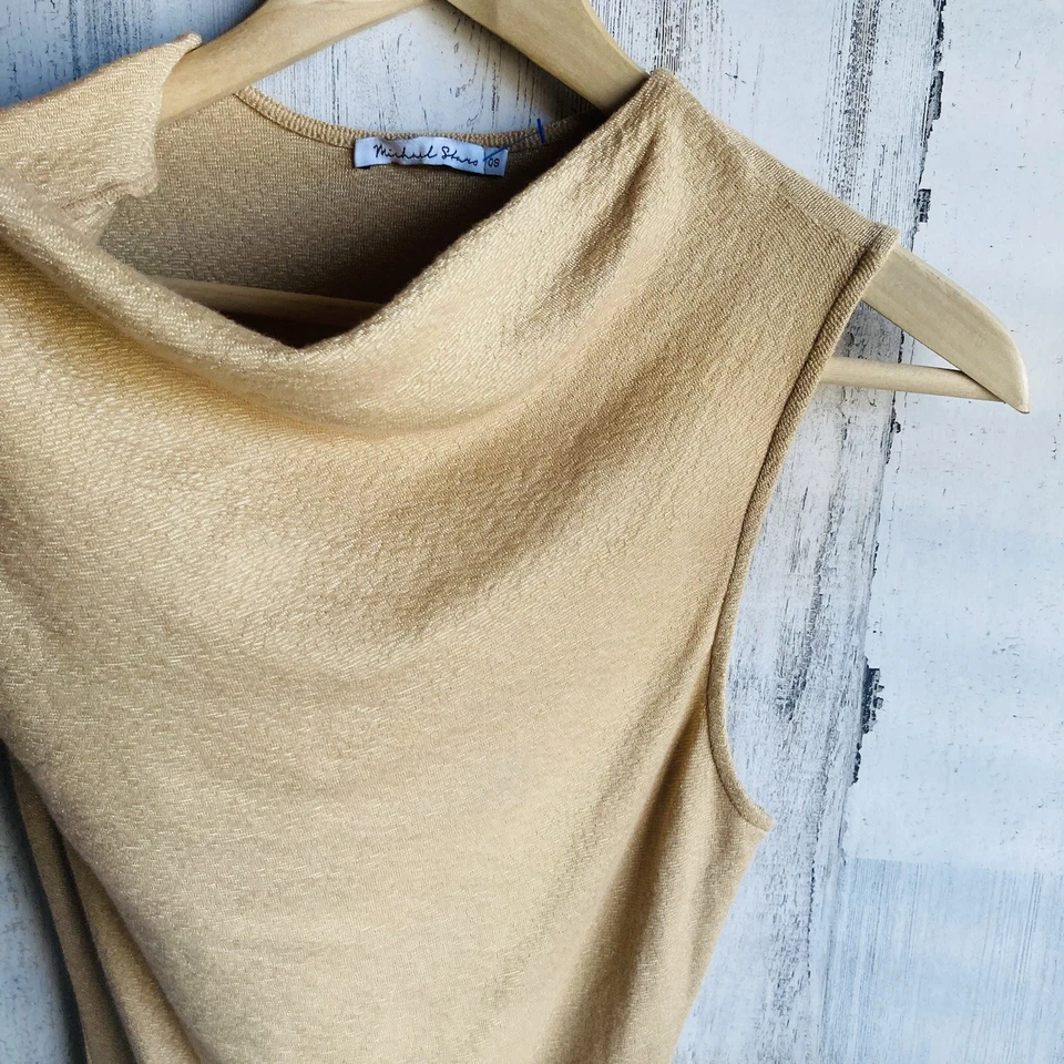 NUEVO SIN ETIQUETAS $68 Michael Stars Cuello Capucha Brillo Camiseta Tejida Blusa Dorada Talla Única Foto 4 de 4