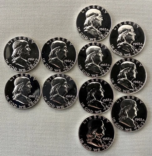 Lot of 11 Proof Silver Ben Franklin Half Dollars, 1961 Thru 1963