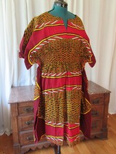 Unique Hand made Cotton Ankara print short Kaftan red gold split neck NWOT