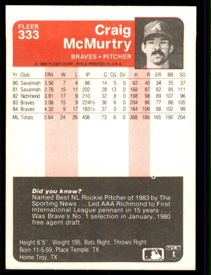 1985 Fleer Craig McMurtry Baseball Cards #333 - Image 2 of 2