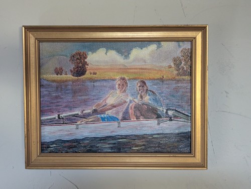 Original Contemporary Oil Painting Framed Artist Signed Two Girls Rowing
