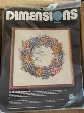 Karen Avery Dimensions Blue Ribbon Wreath Crewel Embroidery Kit NIP 16  x 16  