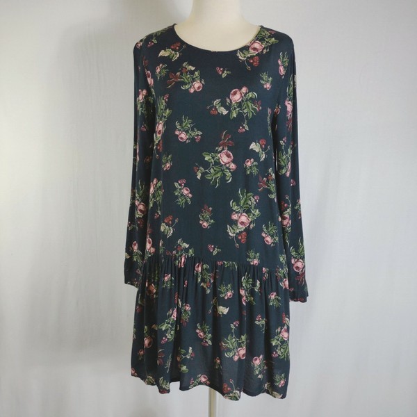 Decjuba Womens Size 8 Navy Rose Floral Shift Low Waist Dress Pockets Long Sleeve