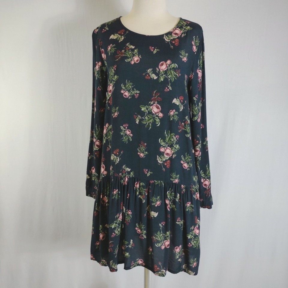 Decjuba Womens Size 8 Navy Rose Floral Shift Low Waist Dress Pockets Long Sleeve
