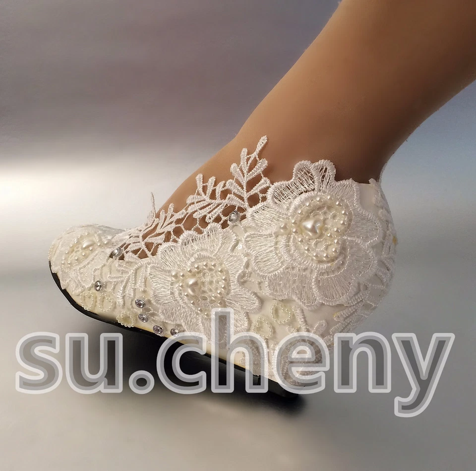 su.cheny 2" Wedge white ivory pearls lace crystal Wedding shoes Bridal size 5-12 - Image 4 of 4