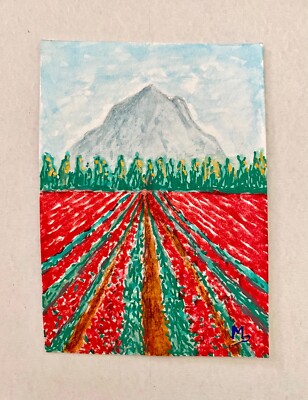 Mount  Rainier  and Tulips Original ACEO Painting Tulips Field Art Miniature Art