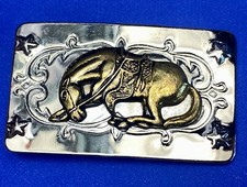 END OF THE TRAIL Horse head down Vintage Stars in corner two tone belt buckle