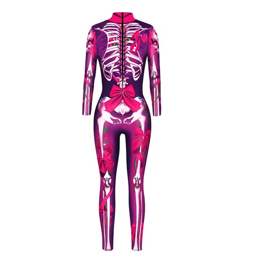 Womens Halloween 3D Skeleton Ghost Cosplay Costume Long Sleeve Tights Jumpsuit - Picture 9 of 16