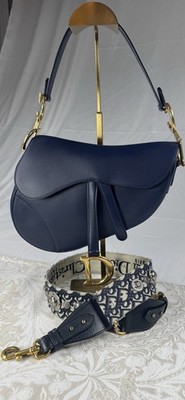 Christian Dior Saddle Bag Medium Navy Calfskin Gold Hardware Embroidered Strap