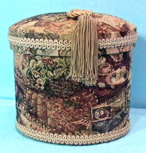 TAPESTRY CLOTH FABRIC COVERED OVAL STORAGE BOX w/PADDED LID & TASSEL