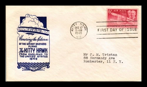 US COVER WRIGHT BROTHERS AIR MAIL FIRST DAY ISSUE SCOTT C45 IOOR CACHET