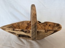 Hand Carved Olive Wood Basket Bowl w/ Handle Rustic Burl Natural Edge 11  