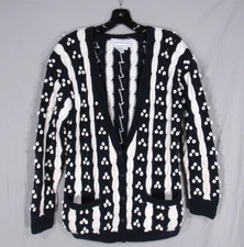 ADRIENNE VITTADINI Navy/White CABLE KNIT Pom Pom BUTTON-UP Sweater Cardigan Sz S