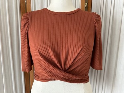 Moa Moa Ribbed Front Twist Crop Top Shirt Tie Back Women s Sz M Rust Orange USA