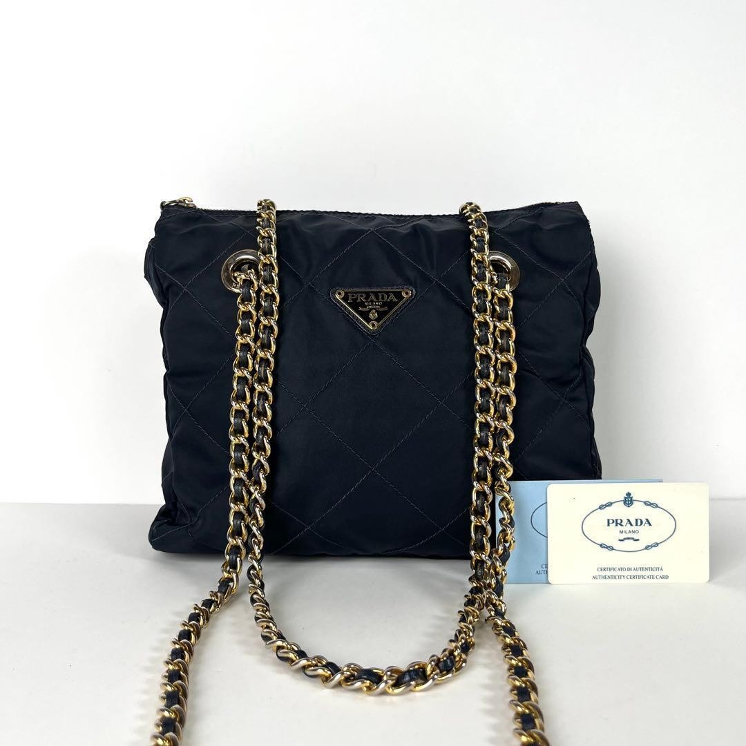 Excellent Condition PRADA Quilted Chain Shoulder Bag Navy
