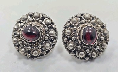 Schöne Vintage Sterling Silber 925 roter Granat etruskische Damen Ohrringe