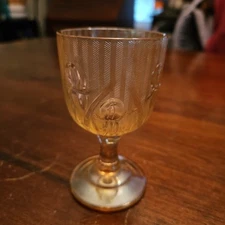 Iris & Herringbone Wine Glass Iridescent Marigold Jeanette Glass Co 4" Tall