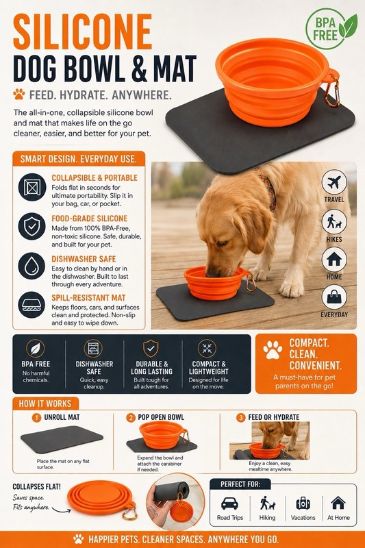 Collapsible Silicone Travel Dog Bowl & Non-Slip Mat Set, BPA-Free Orange/Black