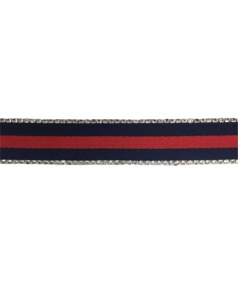 50 Cm Nastro Termoadesivo Rasato Blu Rigato Rosso Strass Laterali Alto 2 Cm 1837 - Immagine 2 di 3