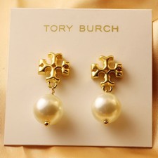 Authentic Tory Burch White Pearl TB Logo Stud Earrings