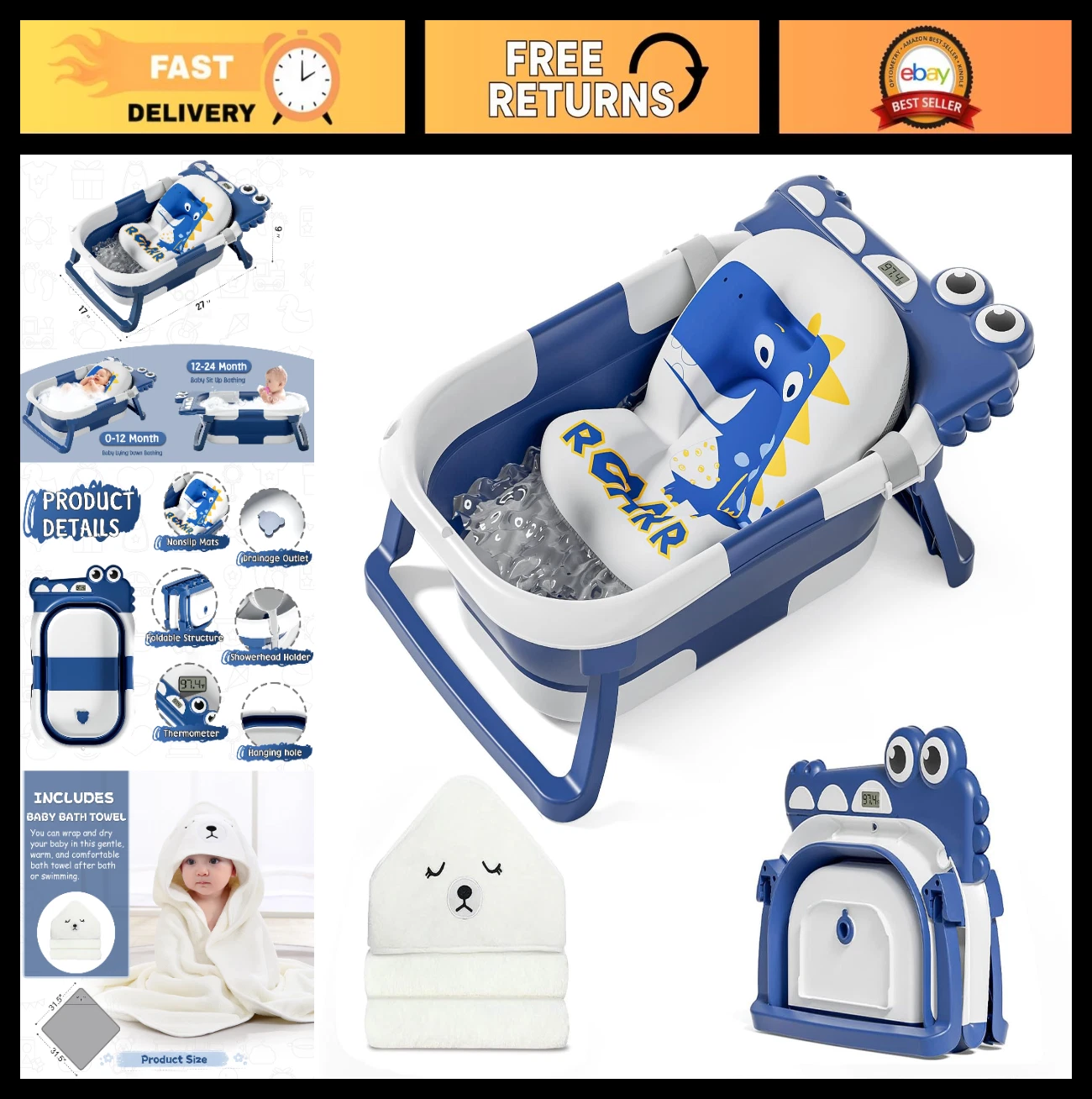 Collapsible Baby Bathtub for Newborns with Thermometer, Hooded Towel & Cushion -