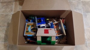 Big Lot Of Wood Wooden Train Tracks, buildings, bridges, trains and cars!