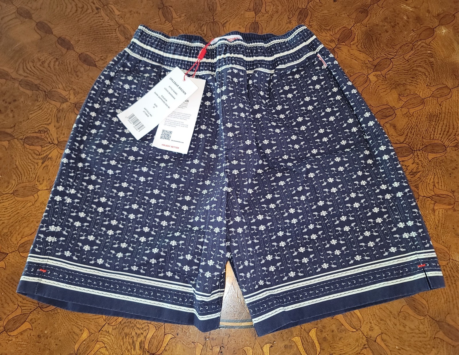 Orlebar Brown Louis Bandana Drawstring Shorts Men's 30 Blue Pattern Cotton NEW