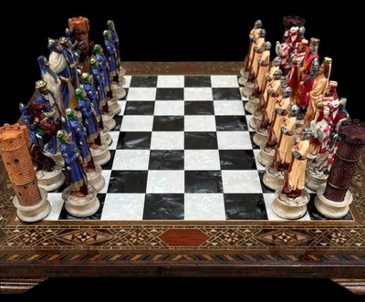 Chess Set Crusader Knights Inlaid Solid Wood Board - Hand Painted Pieces