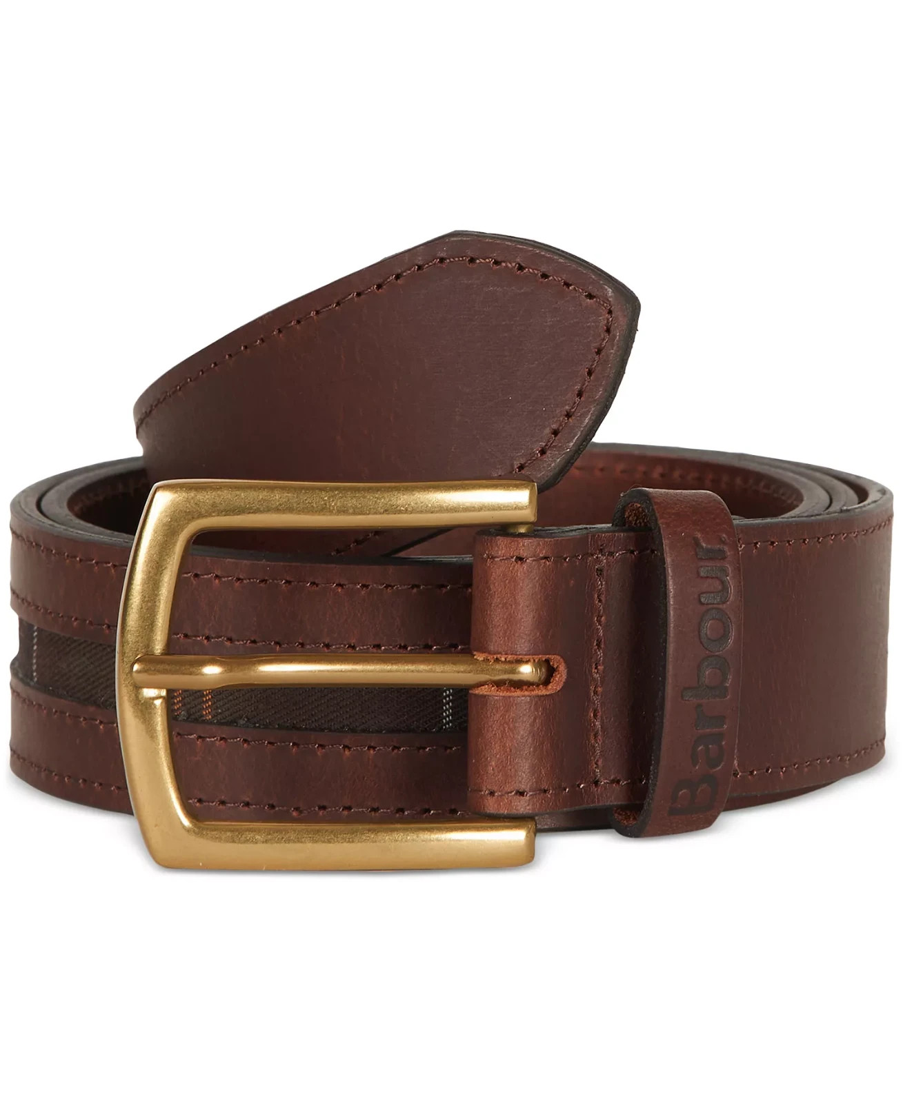 Barbour Leather Belt with Signature Tartan Piped Panel Mens L Brown 6690₽