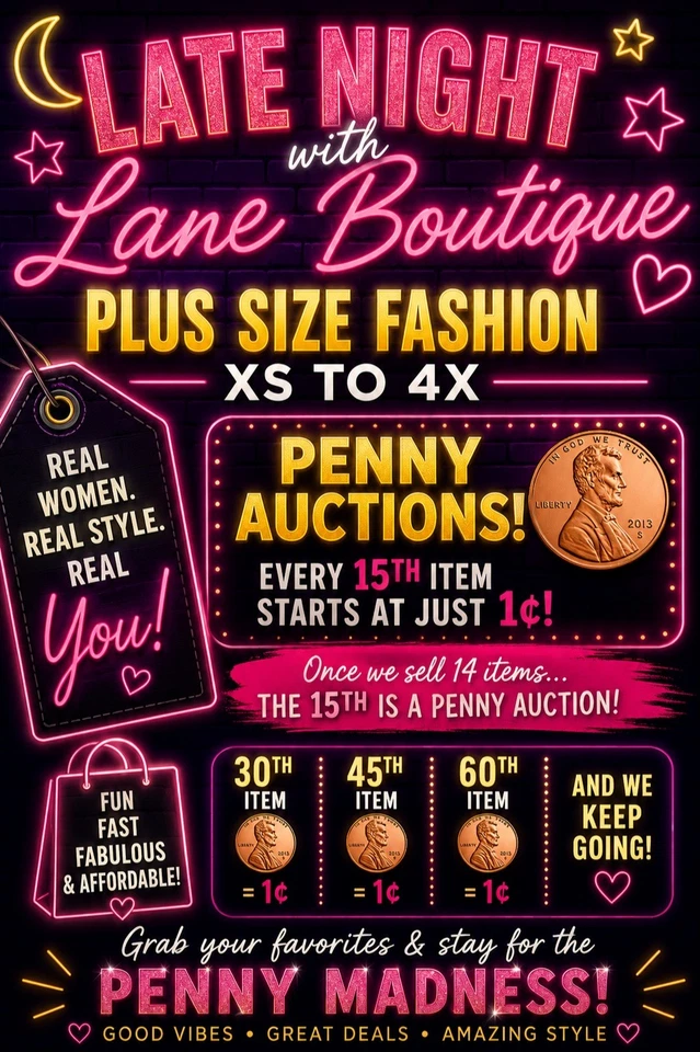 Late Night with Lane Boutique | Plus Size XS–4X | $5 Starts + Penny Auction