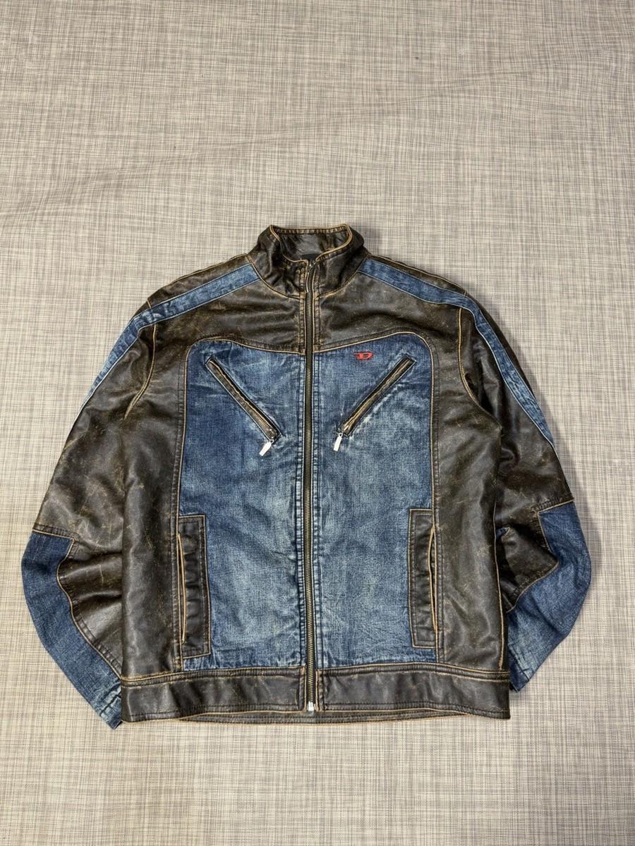 Diesel Leather Jean Jacket Mens Size XL Blue/Brown Embroidered HTF