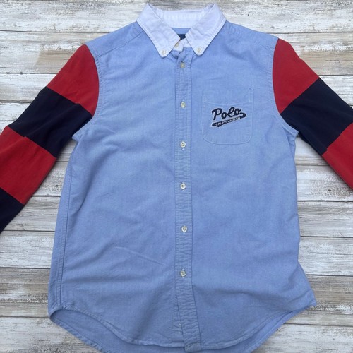 Polo Ralph Lauren Shirt Sz L Boys Kids Rugby stripe Denim Button Up Logo Preppy - Picture 5 of 12
