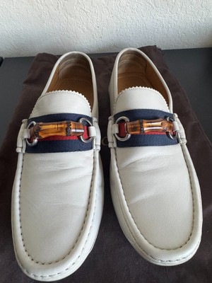 Gucci Men\'s White Leather Horsebit Driving Loafers with Green-Red Web 10.5 US Gucci White Men main image 2