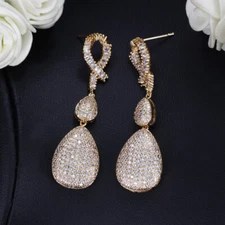 Yellow Gold Plated Cubic Zircon Crystal Long Dangle Drop Earring Costume Jewelry