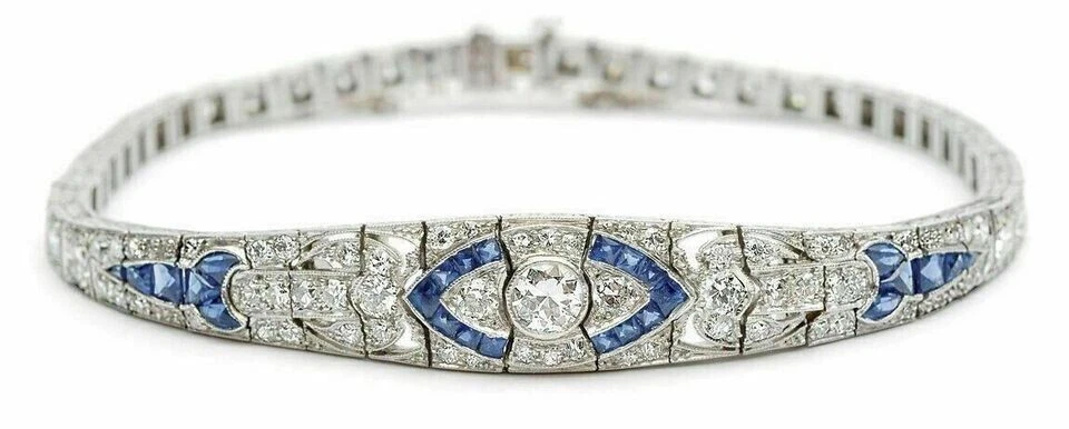 5Ct Round Vintage Art Deco Lab-Created White & Blue Diamond 925 Silver Bracelet - Image 3 of 3