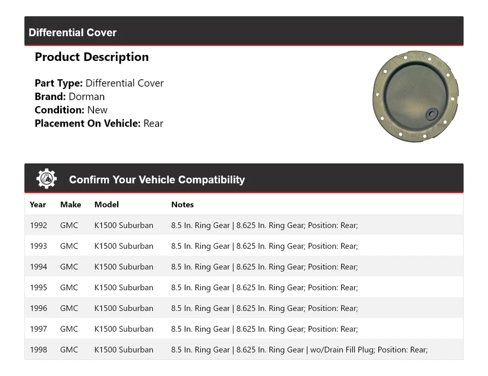 Задняя крышка дифференциала для 1992-1998 GMC K1500 Suburban Dorman 1993 1994 1995 - Изображение 2 из 4