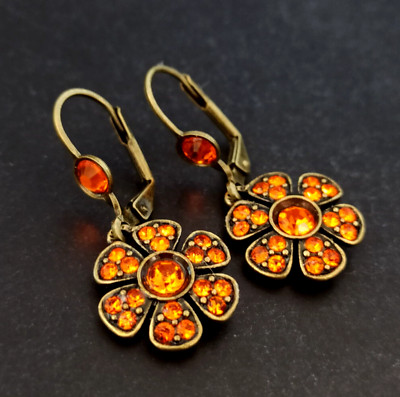 Michal Negrin Earrings Bright Orange Flower With Swarovski Crystals Drop Deco