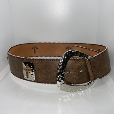 3D Leather Belt DDD Triple D Western Cowboy Belt with Silver Cross Wide MED