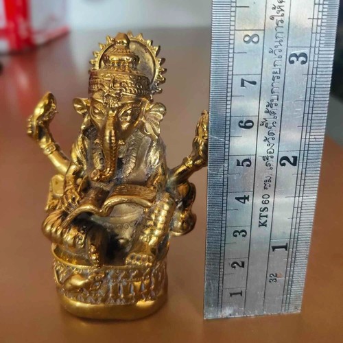 Gold Lord Ganesha Seated 4 Arms Brass Figurine Hindu Elephant God Home Decor 3" - Picture 2 of 11