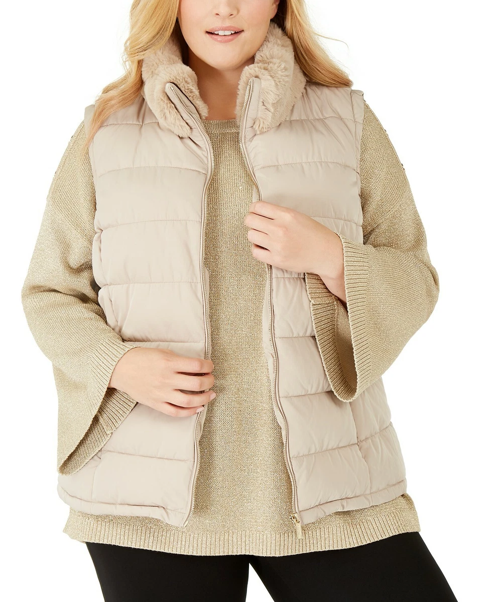 Calvin Klein Plus Size Faux Fur Collar Puffer Vest Beige Size 0X