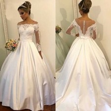 Vintage Satin Wedding Dresses Long Sleeve Lace Appliques Sweep Train Bridal Gown