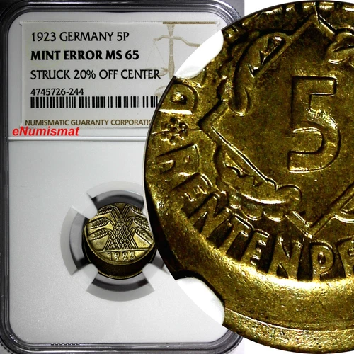 Germany-Weimar Rep.1923 5 Rentenpfennig NGC MINT ERROR MS65 SCARCE KM# 32 (244)
