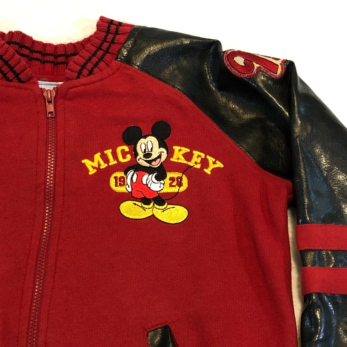 Vintage Disney Mickey Mouse Bomber Jacket Red Knit Faux Leather